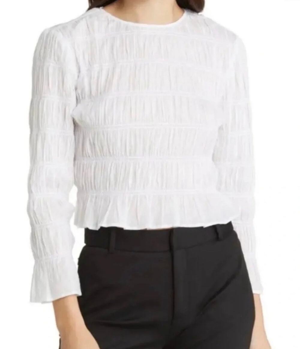 FRAME White Ruched Smocked Cotton Long Sleeve Blouse Size S $298